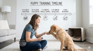 Female dog trainer sitting on the floor in front of a Golden Retriever puppy. The puppy is putting its paw in the trainer's hand.