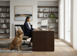 Woman with brown hair, sitting at a desk with her Golden Retriever sitting on the floor next to her.