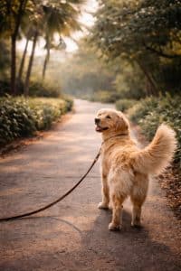 Golden retriever on a leash walking along a shaded path during a private dog adventure in Miami.