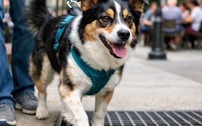 Dog walking across a metal grate in an urban environment while exploring new surfaces on leash