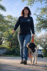 Dog trainer in Miami working calmly with dog using positive reinforcement and leash guidance.