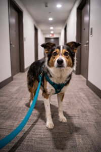 Reactive dog standing in a high-rise apartment hallway on leash looking nervous before going out for a walk