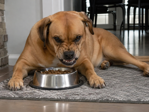 Brown dog snarling, lying down with head over a full food bowl.