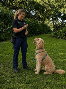 Female dog trainer working with a cream colored Goldendoodle.