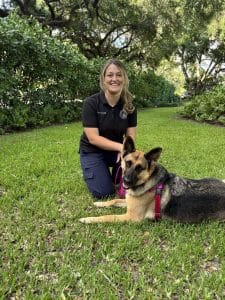Professional dog walker kneeling behind a German Shepherd lying in the grass wearing a red harness.