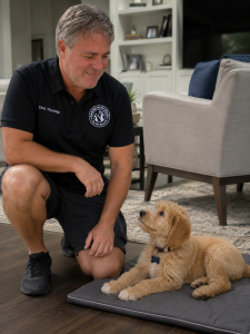 Dances With Dogs trainer working with a Goldendoodle puppy on a place mat during an in-home force-free training session in Miami
