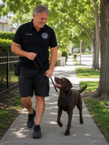 Dances With Dogs trainer walking a Chocolate Labrador on a loose leash through a Miami neighborhood using force-free training methods