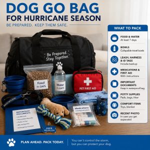 Dog go-bag checklist infographic for hurricane prep for Miami dog owners showing food, water, first aid, documents, and supplies