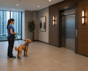 Miami apartment dog training with a force-free trainer and small dog by the elevators in a high-rise